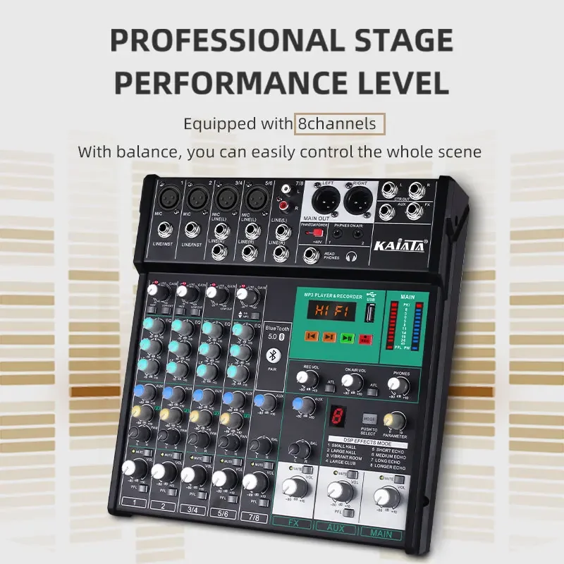 KAIKA AR8  Professional 8-channel stage conference hall DJ digital MP3 reverberation effect Audio Mixer