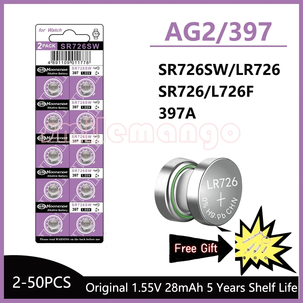 2-50PCS 1.55V AG2 Alkaline Button Battery LR726 397 396A SR726 SR726SW LR59 SR59 396 Button Battery For Watch Toys Remote Cell