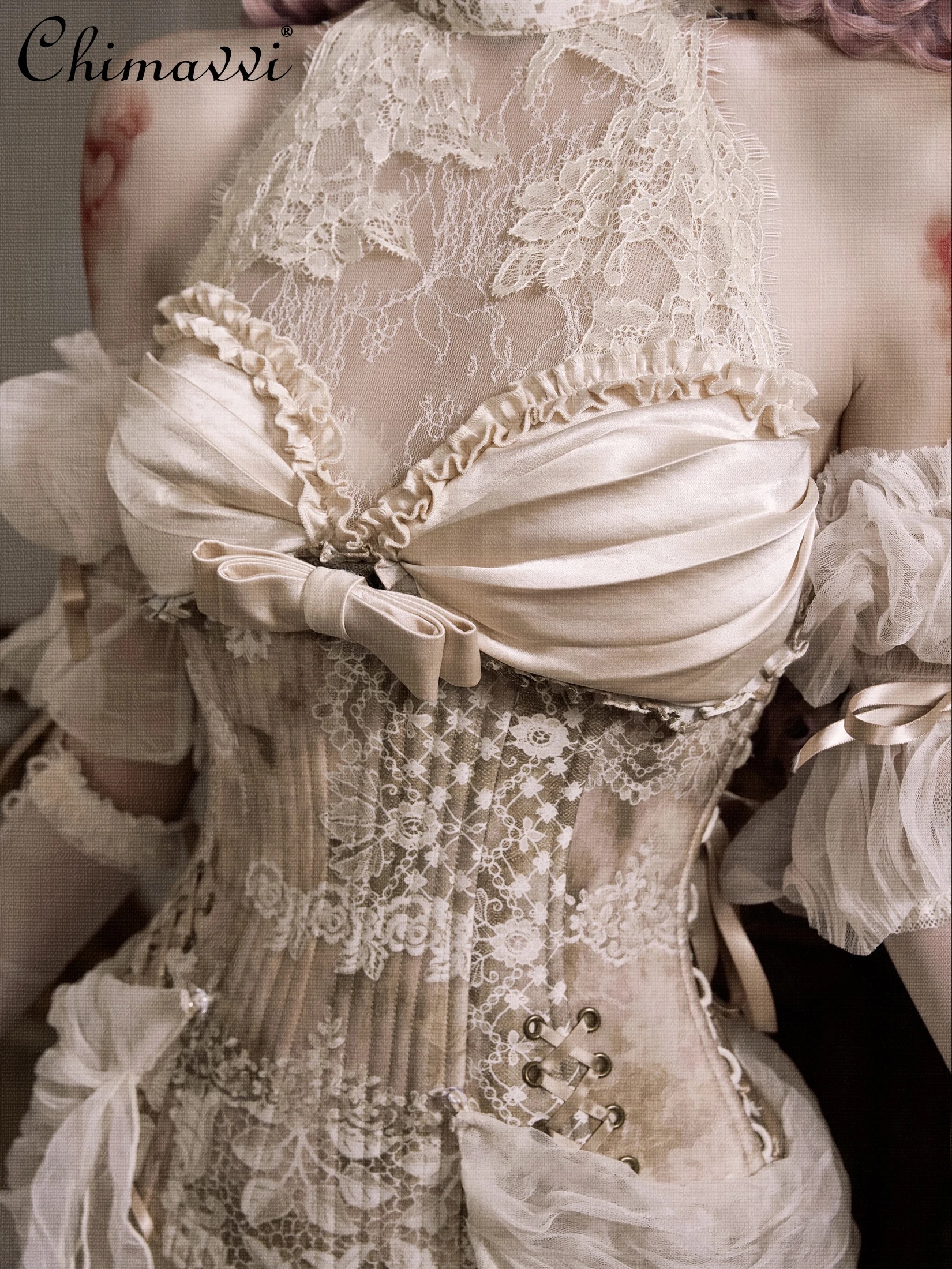 Original Gothic Princess Cos16 Fish Bone Acetic Acid Bra Top Heavy Lace Retro Sweet Girl Super Fairy Neck Top + Hand Sleeves