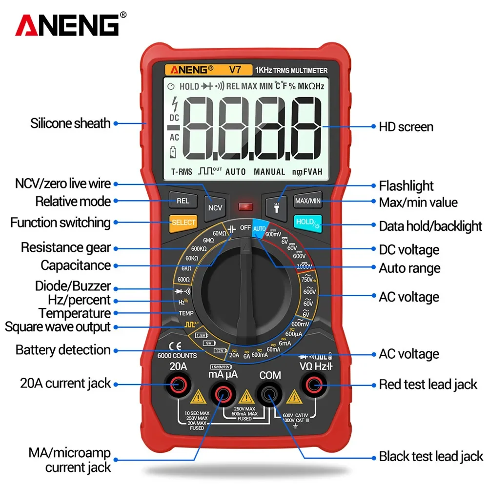 Imagem -04 - Aneng v7 Multimetro Digital Profesional Multímetro Analogico Capacimetro Digital Multimeter Analógico Amperimetro Multímetros Testador de Componentes Eletrônicos Voltimetro Digital True Rms Lcr Meter 6000 Contagens