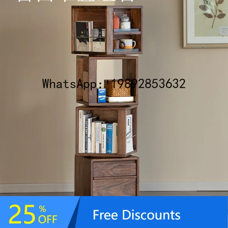 G1   Branch Black Walnut Rotating Bookshelf Solid Wood Bookcase Narrow Cabinet Storage Rack Display Cabinet