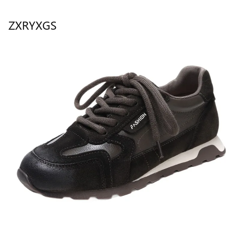 ZXRYXGS Classic Retro Lace-up Top Cowhide Splicing Spell Color Women Sneakers Fashion Casual Shoes Flat Non-slip Trend Shoe 2026