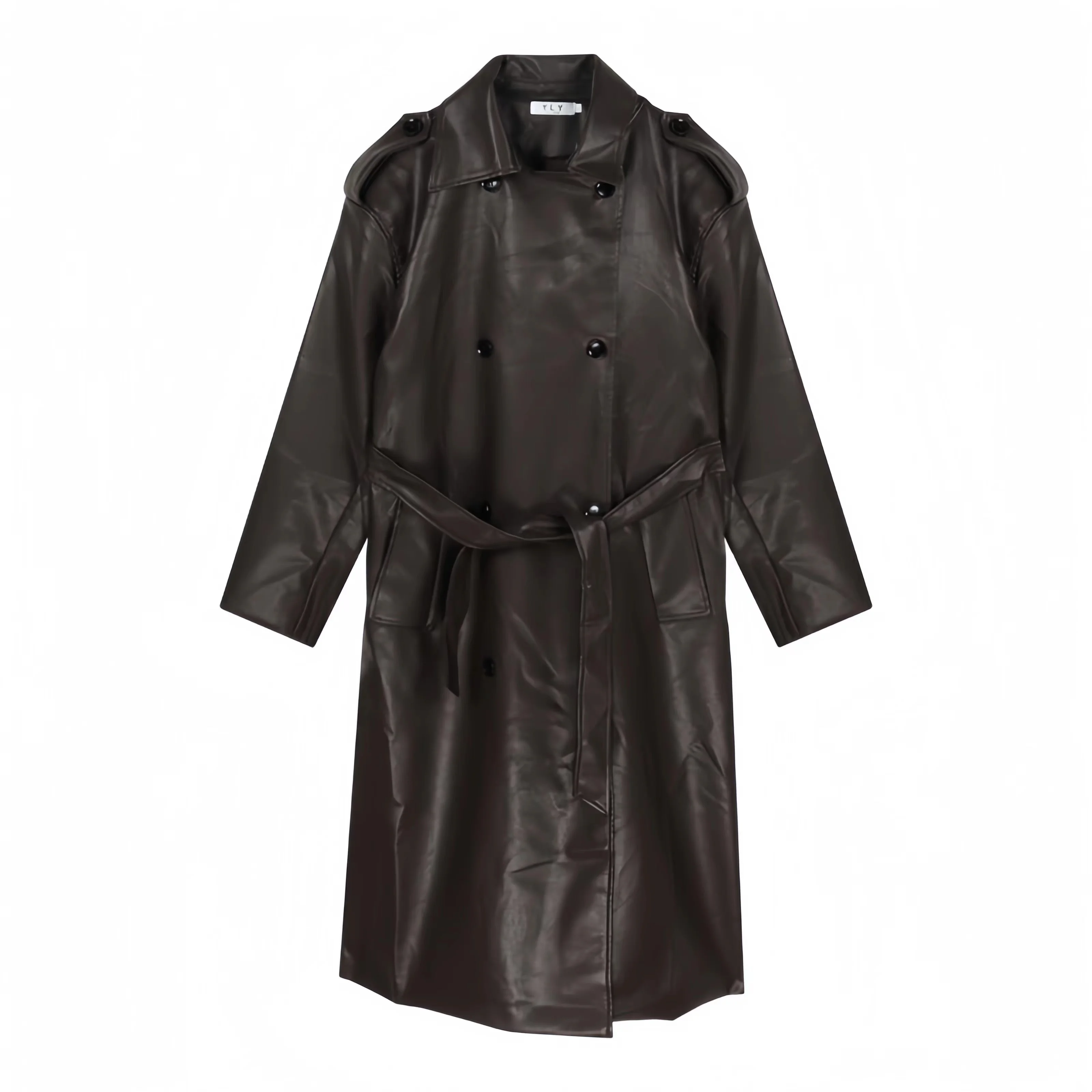 Manteau en cuir pour femmes, veste longue en PU à taille ajustable, vêtements à col en V, style anglais, haute qualité, automne et hiver 2024