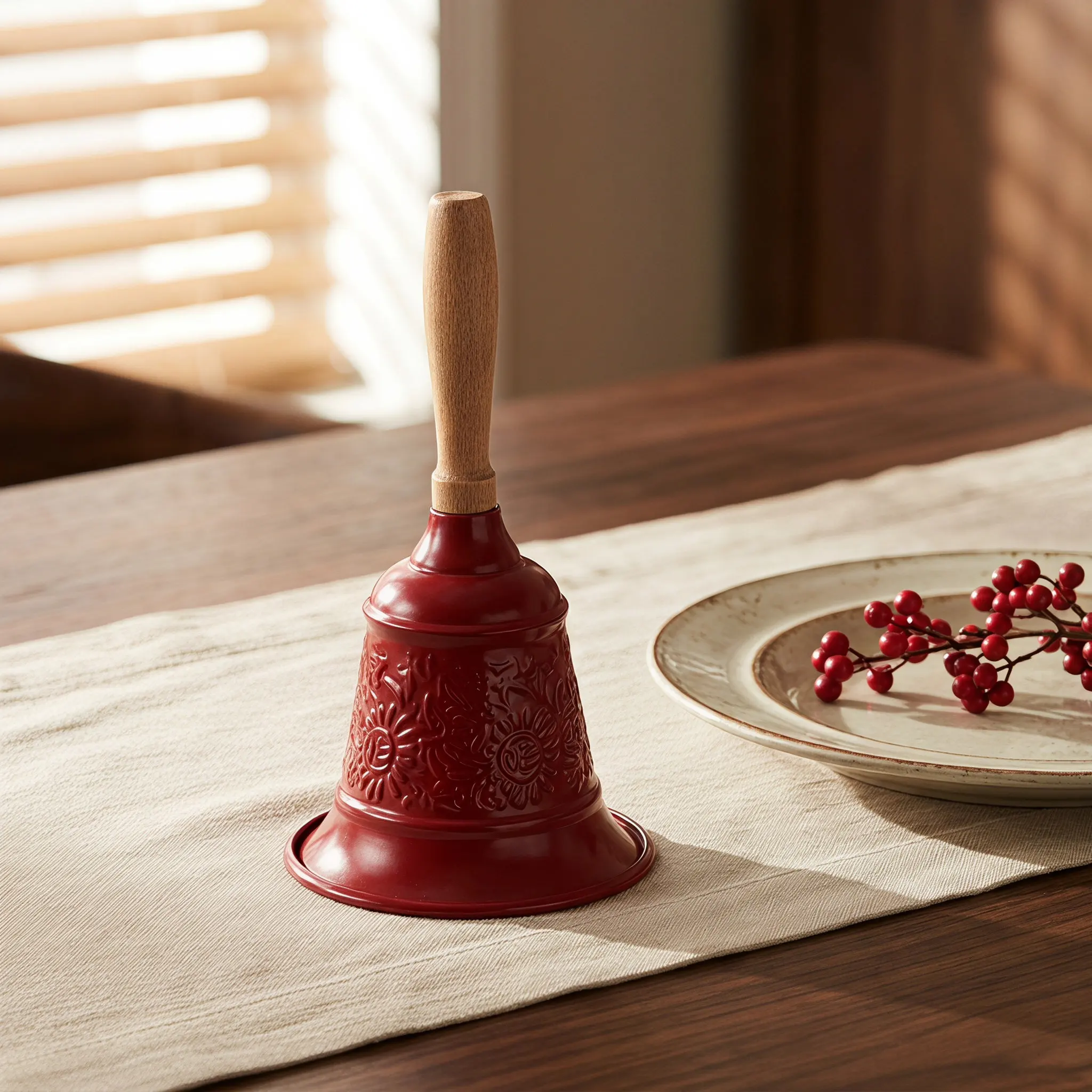 Red Hand Bell Vintage European Style Metal Dinner Call Bell Decorative Holiday Tabletop Ringing Christmas Party Gathering
