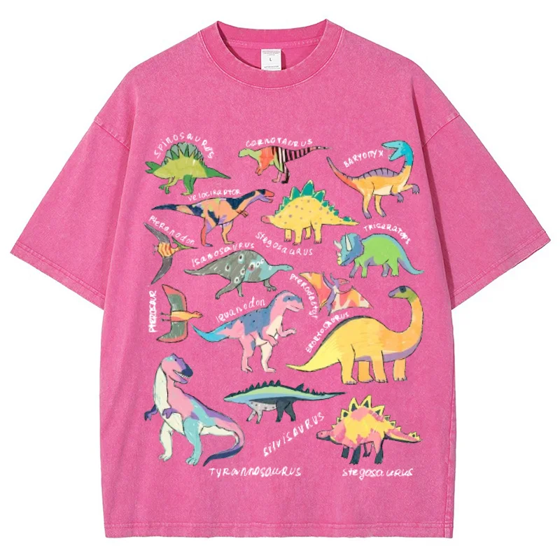 

Cartoon Dinosaur Print Ladies washed TShirt Oversized Loose Wash Solid Color Short Sleeve American Retro Casual Fashion Top 2026