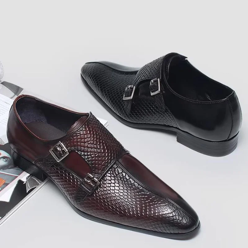 British Style Fish-scale Pattern Double Buckle Shoes Man Leather Formal Loafers Men's Monk Shoes Genuine Leather Dress Shoes 3