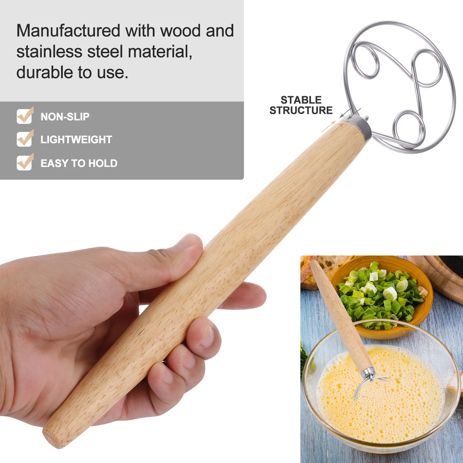 1Pcs Three-Ring Oak Handle Flour Mixer Non-Slip Kitchen Dough Whisk for Baking Cake Bread Pastry Pizza Three-Ring Flour Whisk