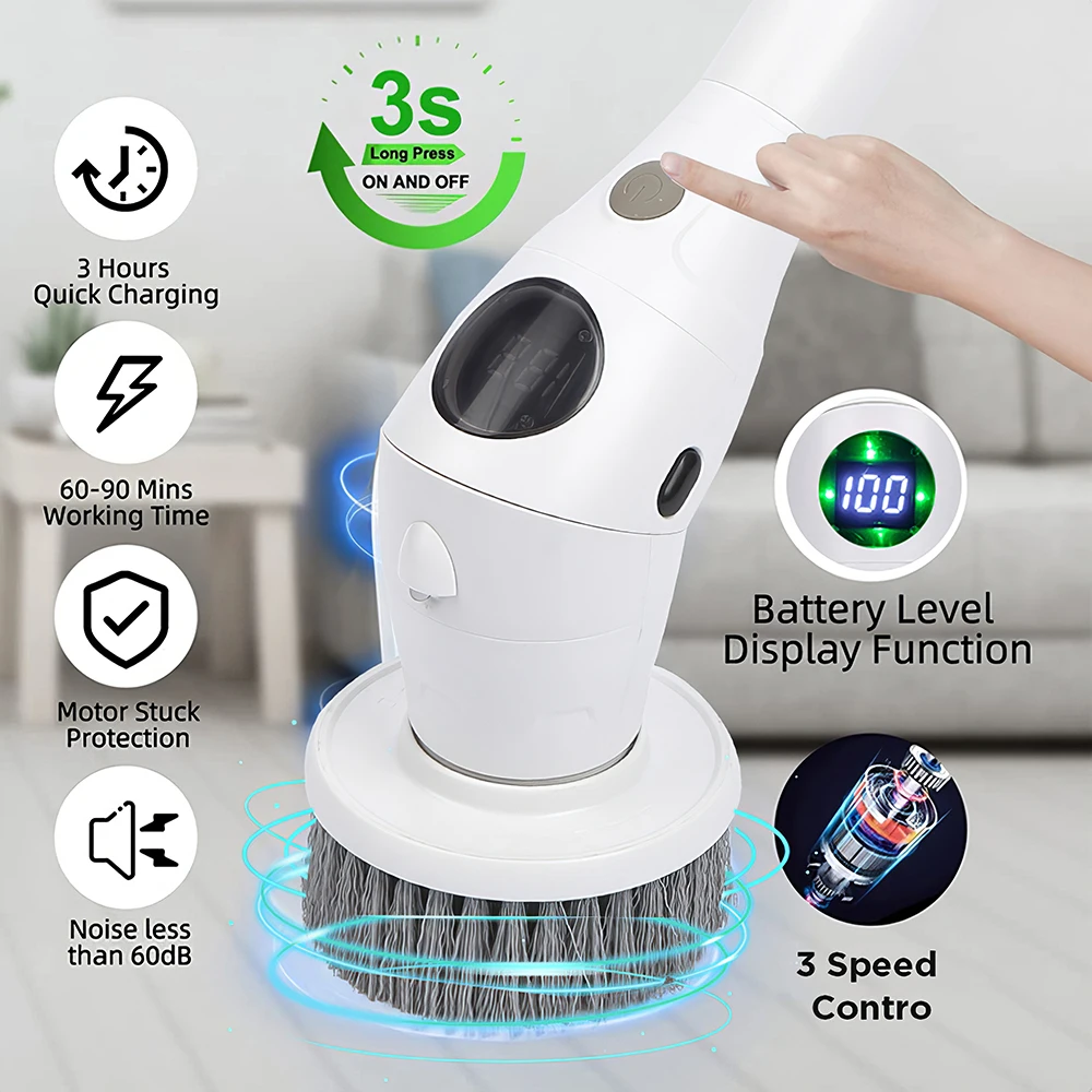 Electric Spin Scrubber with Light,Cordless Shower Scrubber with 7 Replacement Brush Head,3 Adjustable Speed Power Scrubber