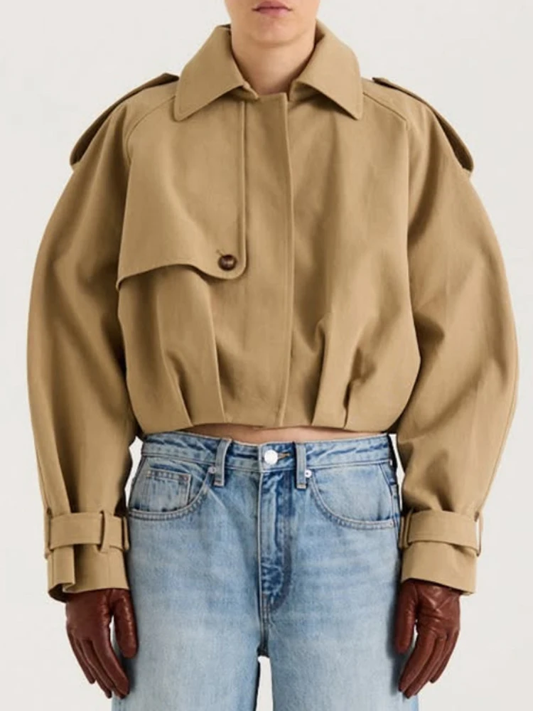 Retro Lapel Pleated Waist Short Windbreaker Jacket 2026 Autumn Women's Clothing Fashion Versatile Loose Work Style Jacket