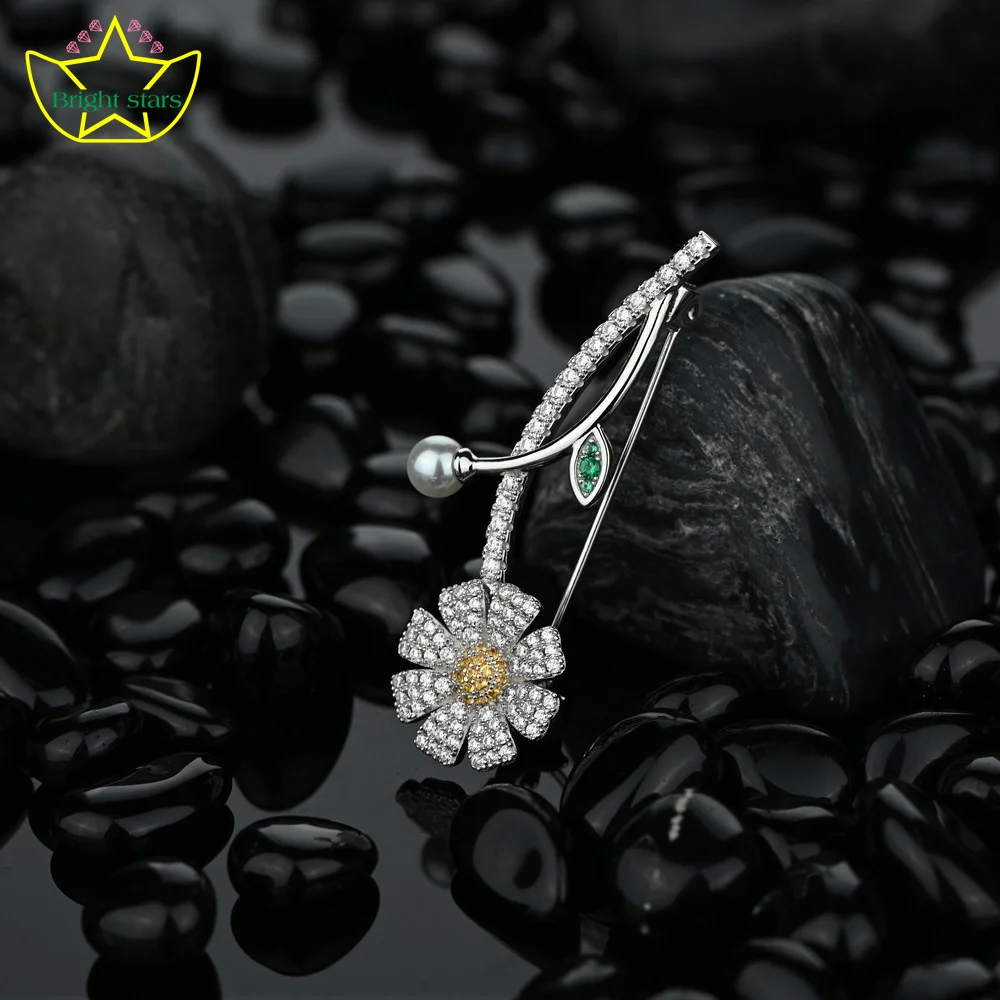 Bright Stars S925 Sterling silver diamond note shape small Daisy brooch super flash clothing decoration jewelry