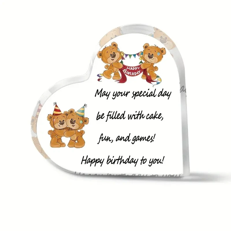 Bear Cake Printed Acrylic Transparent Heart Plaque Friendship Birthday Gift for Friends Brother Living Room Keepsake Desk Decor