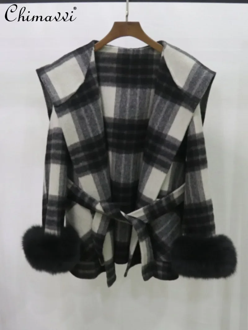 

2024 New European Station Autumn and Winter Hooded Plaid Belt Double-sided Woolen Cuffs Fox Hair Plaid Coat Small Coat For Women