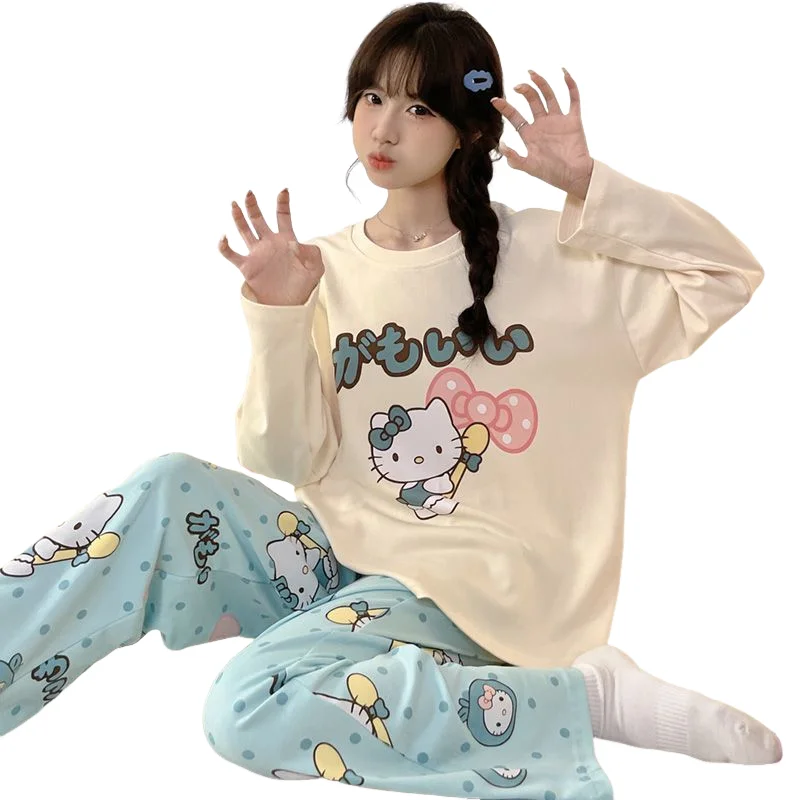 

Kawaii весенне-осенние пижамы из чистого хлопка с длинными рукавами для женщин летом, милый мультяшный пуловер Ktcat, комплект домашней одежды