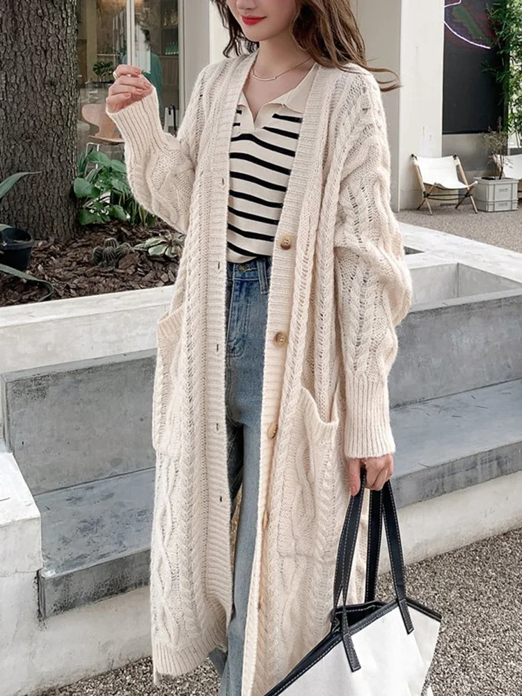 

2022 Autumn Winter New Mohair Knitted Cardigan Women Long Sleeve Single Breasted Mid-length Sweater Female Fashion H405