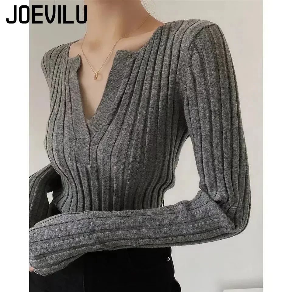 JOEVILU Knitted Sweater V-neck Bottom Top Women\'s Thin Outfit Pullover Korean Fashion Y2k Clothes Babes Goth Black Skinny Jumper