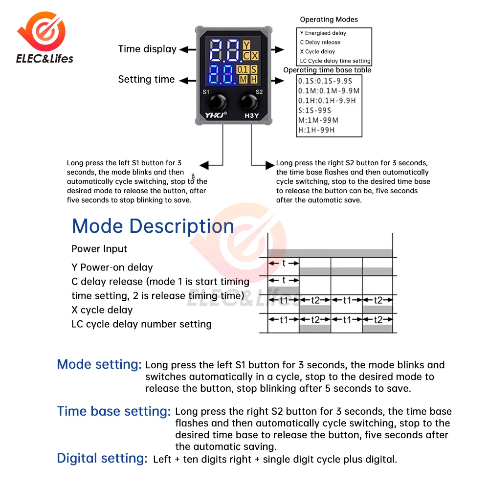 H3Y-2 DC 12V 24V AC 220V Small Adjustable Time Relay LCD Digital Display Cycle Time Control Delay Device With Base