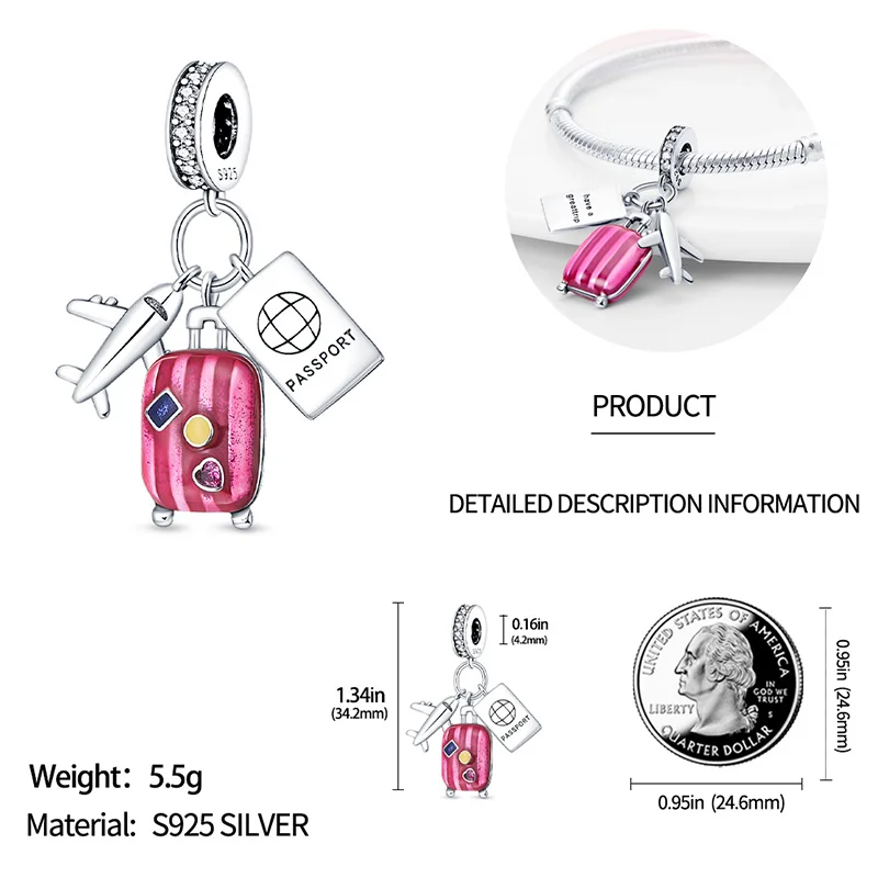 

plata charms of ley 925 sterling silver Pink Airplane Luggage Charms Beads For Pandora original Bracelet Make DIY Woman Jewelry