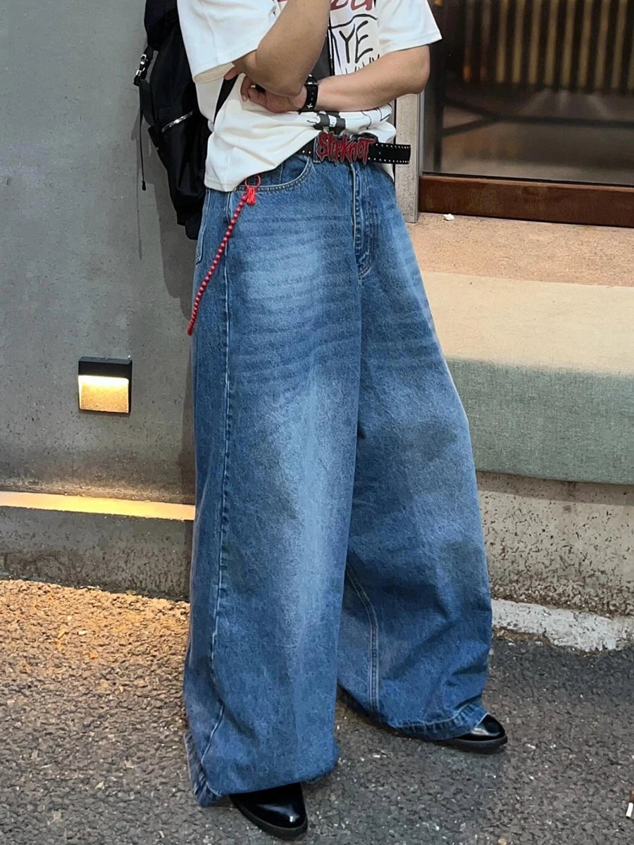 REDDACHIC Vintage Wash Whiskers Wide Denim Pants Men High Rise Do Old Boyfriend Oversize Solid Baggy Jeans Casual Korean Clothes