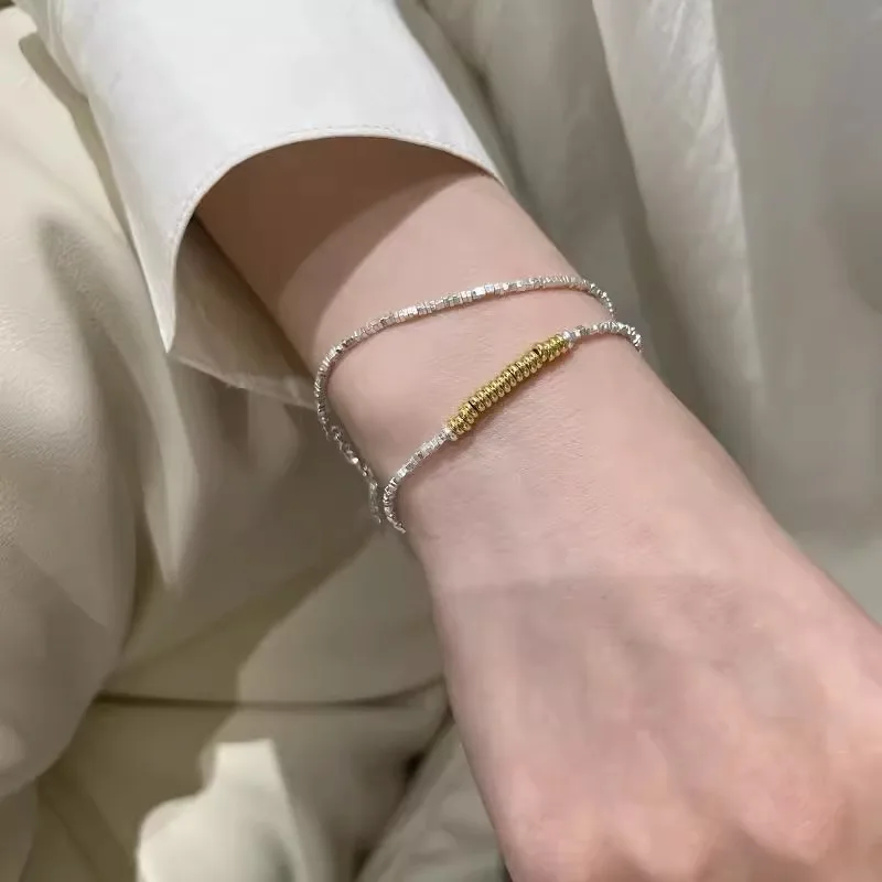 925 Sterling Silver Irregular small blocks Geometry Beaded Bracelet for Women Girls Gold Color Temperament Fine Jewelry Gift