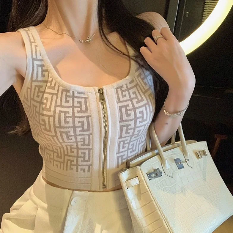 

2024 New Women Sexy Camis Tank Top Summer Geometric Print Vest Casual U-neck Zipper Knit Tank Strap Midriff Y2k Designer Vest