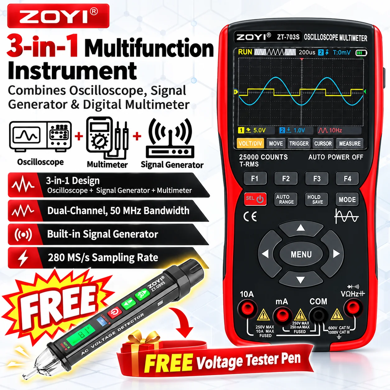ZOYI ZT-703S 3-in-1 Dual Channel Oscilloscope Multifunction Signal Gen High Precision Electrician Detection Tool