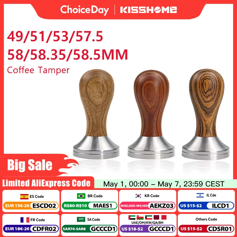 

Coffee Tamper 41mm 49mm 51mm 53mm 57.5mm 58.35mm Wooden Handle Stainless Steel Delonghi Breville Barista Espresso Accessories