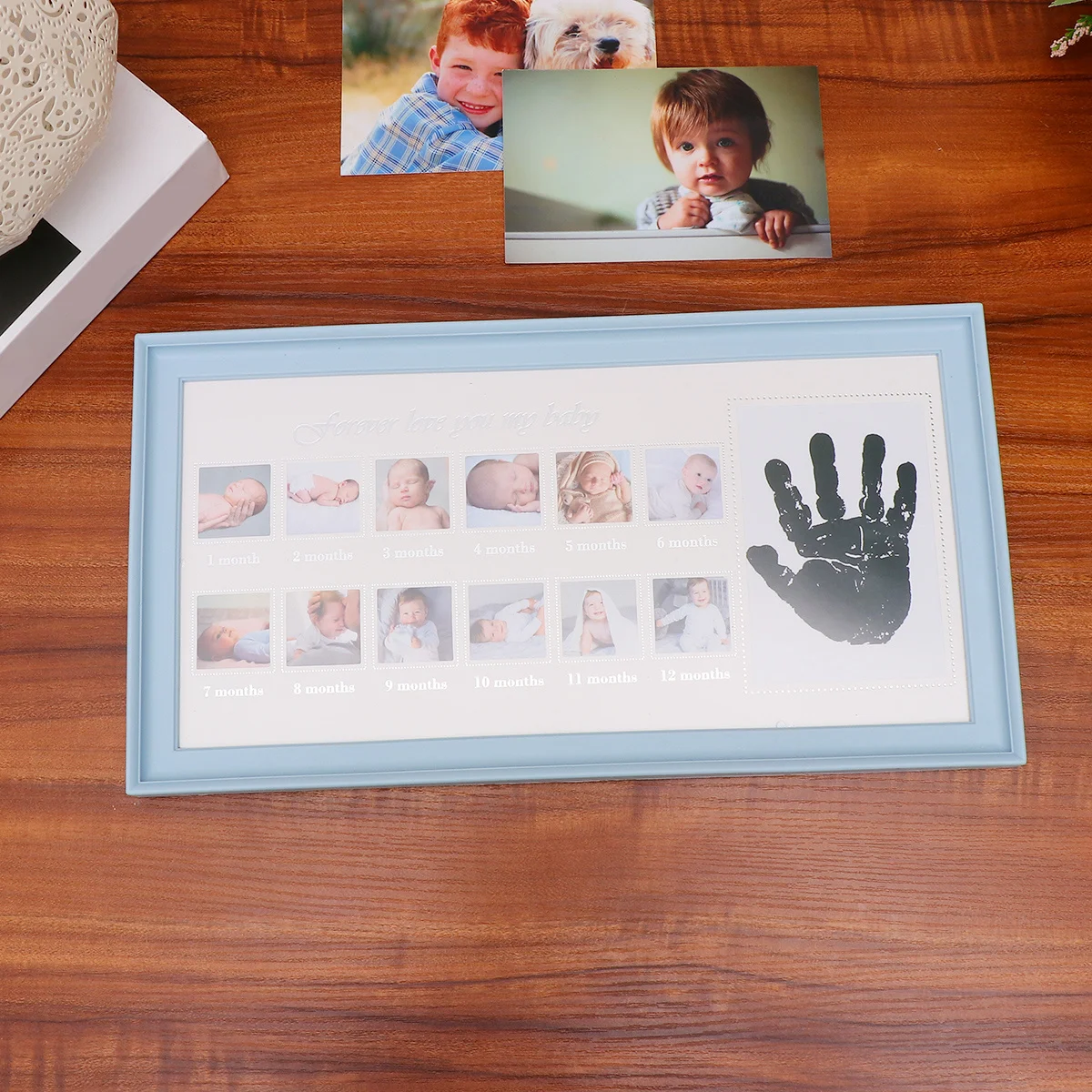 

1pc Baby Hand Footprint Photo Frame 12-Slot Monthly Growth Record Holder For Newborn Infant Blue Durable Gift