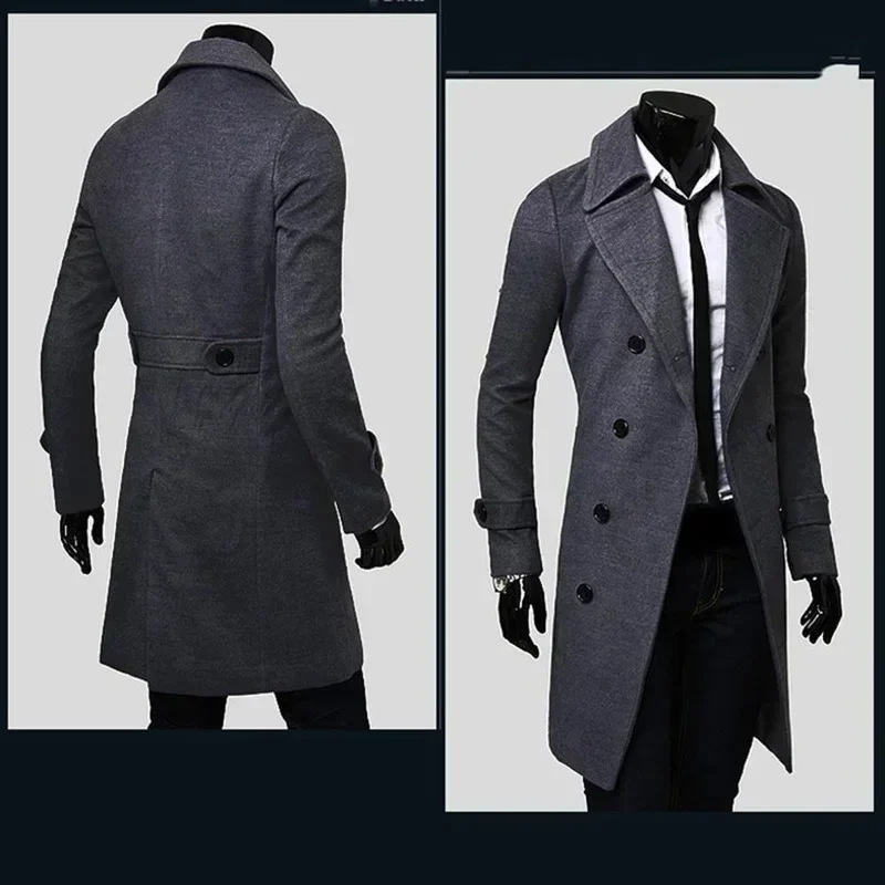 Homens duplo breasted trench coat 2024 outono inverno mistura de lã alta qualidade moda casual fino ajuste cor sólida casaco masculino