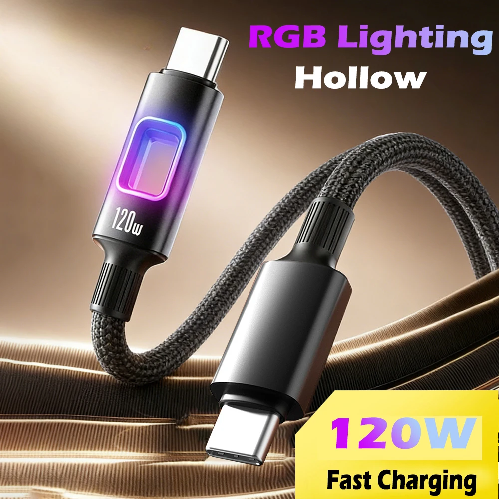NEW RGB PD120W Type C To Type C Fast Charging Data Cord USB C Quick Charging Cable For MacBook IPad IPhone 16 17 Samsung Xiaomi