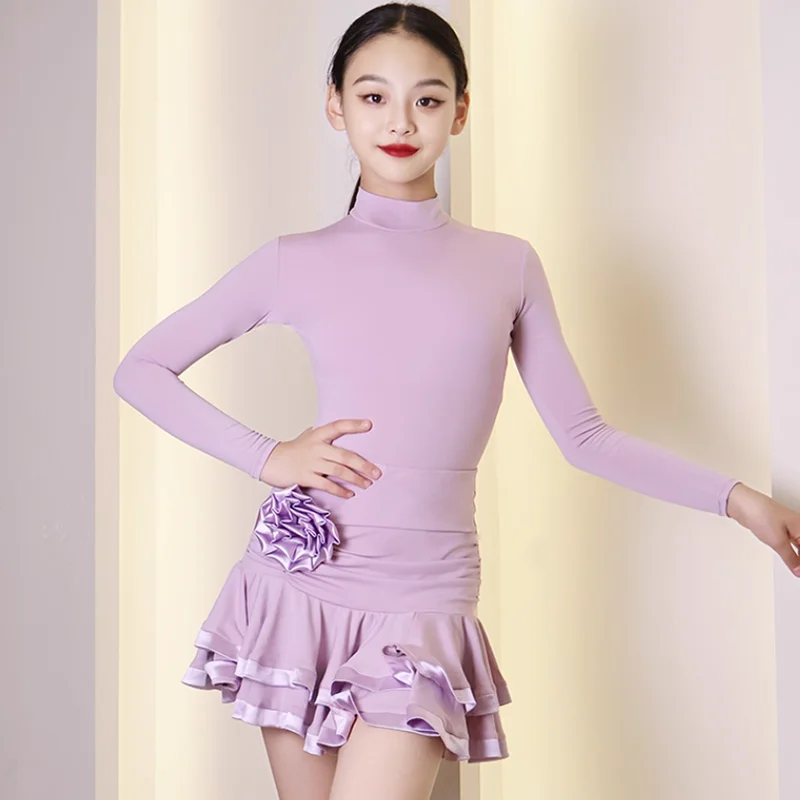 Childrens Latin Dance Sexy Dress Girls Kids Practice Ballroom Dancing Performance Bodysuit and Skirt Set Romba Chacha Costume