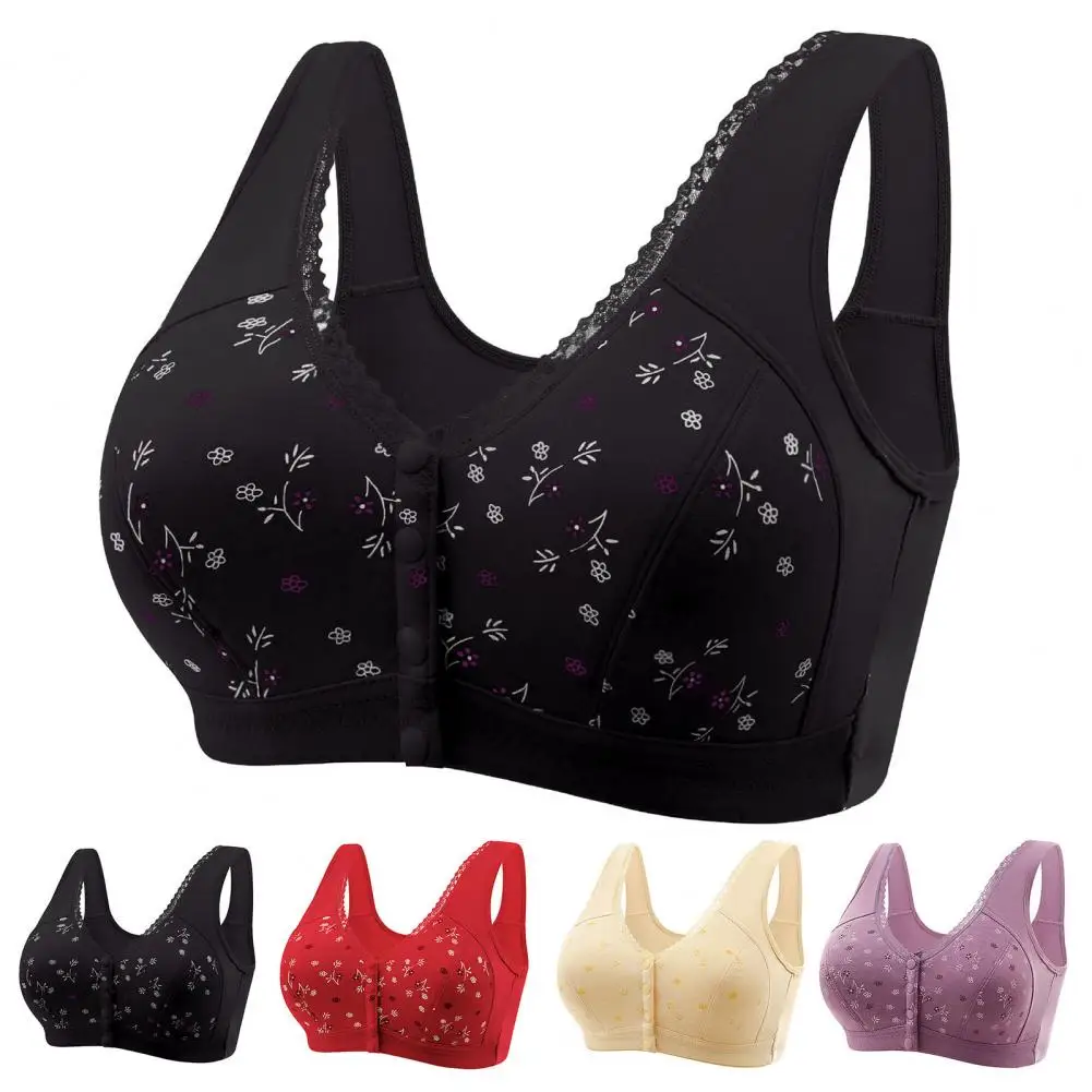 Mid-aged Women Bra Elastic Lace Shoulder Strap Front Button Closure Plus Size Printed Push-up Anti-snagging Wireless Mother Bra