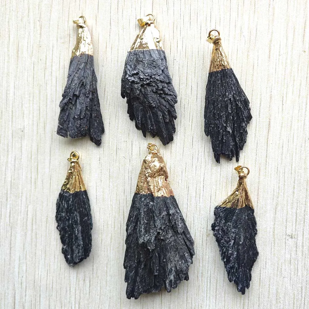 New Fashion Natural Black tourmaline Healing Reiki Feather shape pendants diy jewelry making 6pcs/lot wholesale fast shipping