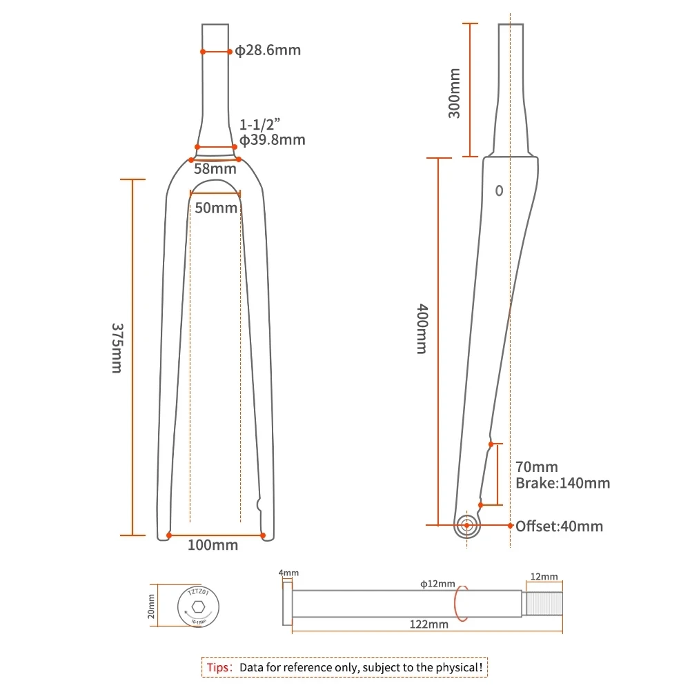 TOSEEK Gravel Fork Carbon Fiber Bicycle Road Front Fork 700C X 45C Gravel Bike Fork Thru Axle 12*100mm Internal Cables