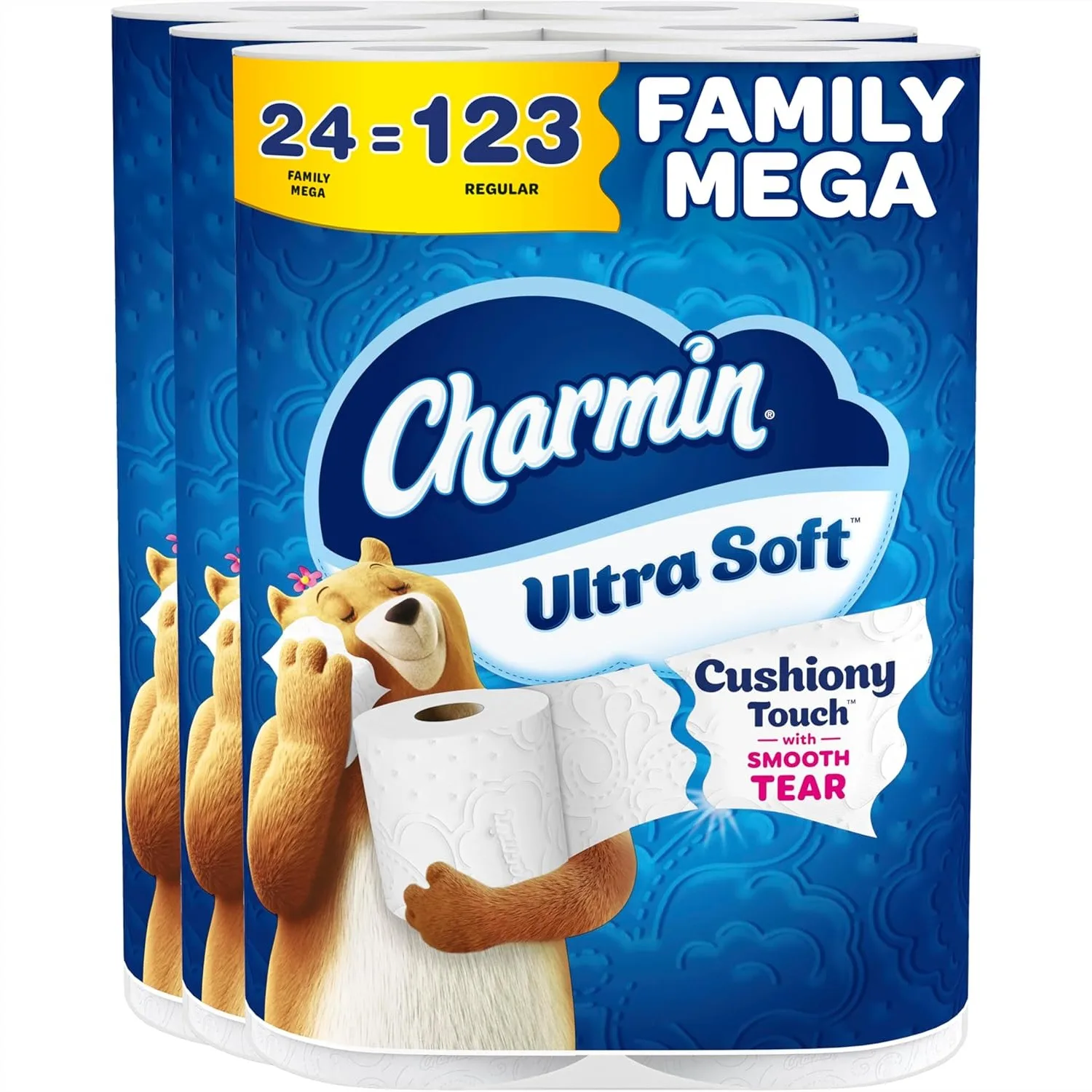 

Ultra Soft Cushiony Touch Toilet Paper, 24 Family Mega Rolls = 123 Regular Rolls, White
