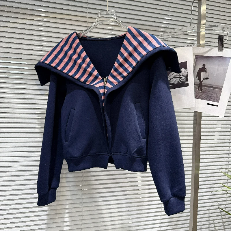 College Style Design Striped Splicing Navy Collar Women's Sweatshirt 2026 Autumn New Y2k Loose Casual Long Trousers Suit Ladies