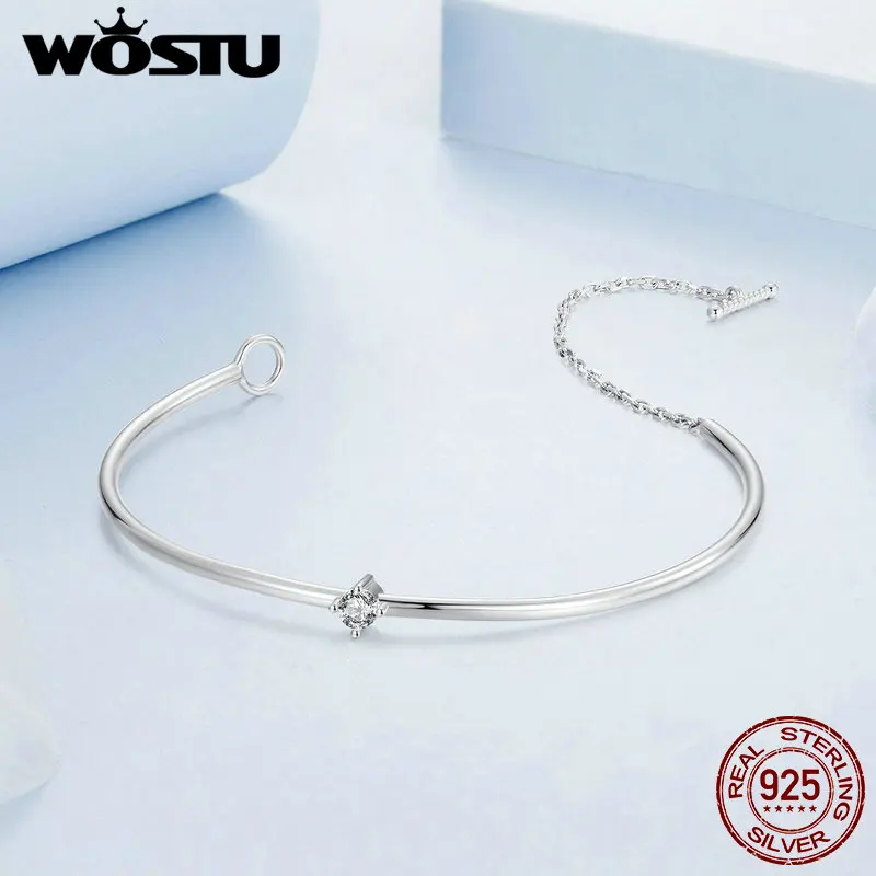 WOSTU 925 Sterling Silver Minimalism Jewelry Bangle Chain Bracelet For Women Adjustable Simple CZ Wedding Bracelets Party Gift