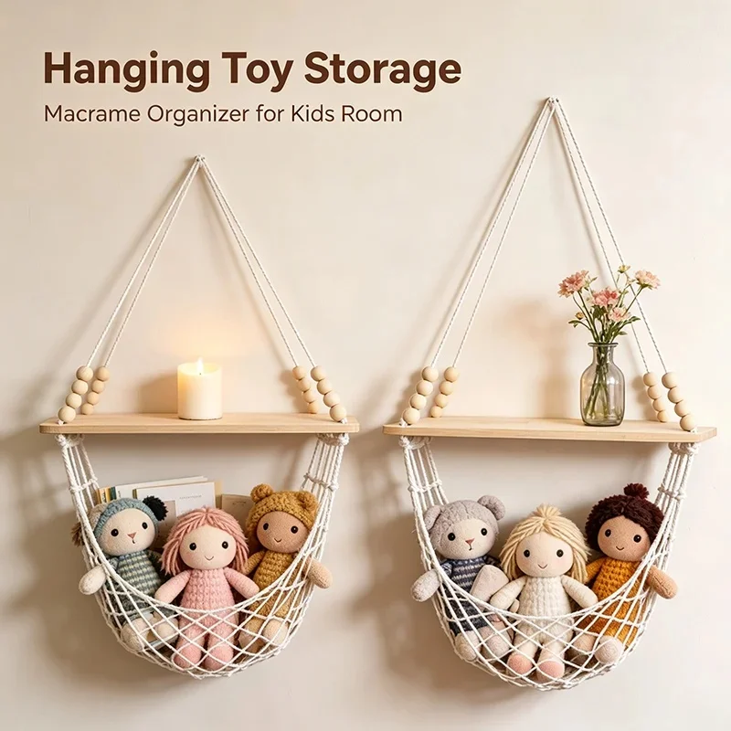 Natural Wood & Cotton Rope Macrame Wall Shelf Dual Purpose Display Shelf Toy Storage Net Boho Home Wall Decor