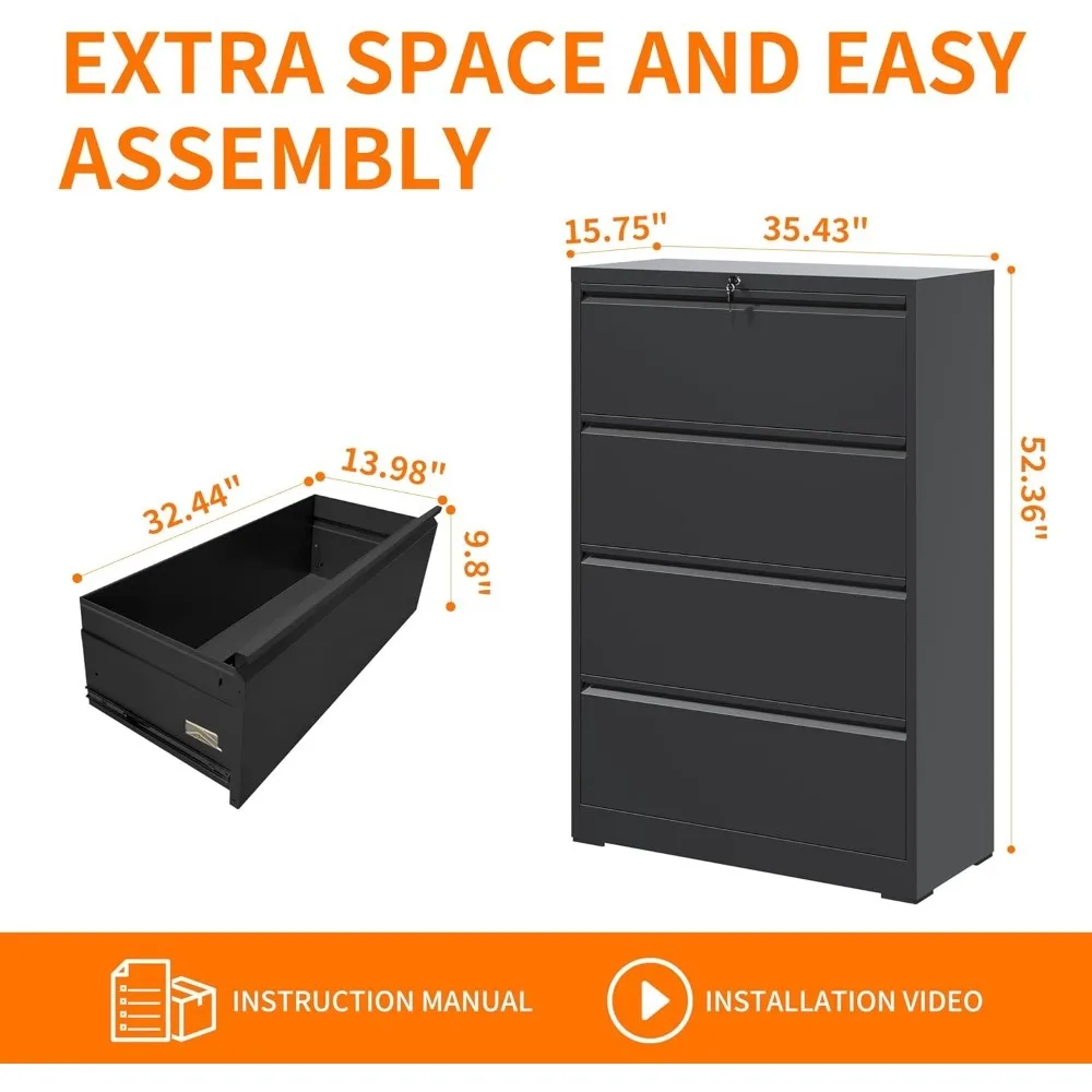 Locking Filing Cabinet with 4 Drawer Heavy Duty Large Metal File Cabinet Home Office Lateral Wide Steel Cabinet