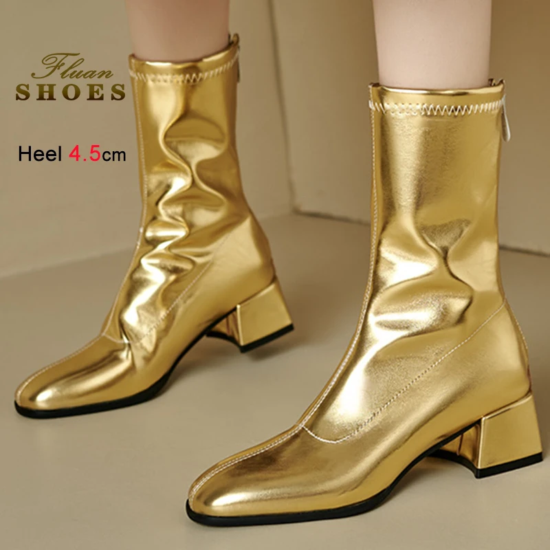 

New Fall Winter Gold Women's Mid-Calf Boots Round Toe Chunky Block Heels 4.5cm Back Zipper Leisure Shiny Dating Boots Size 35-46