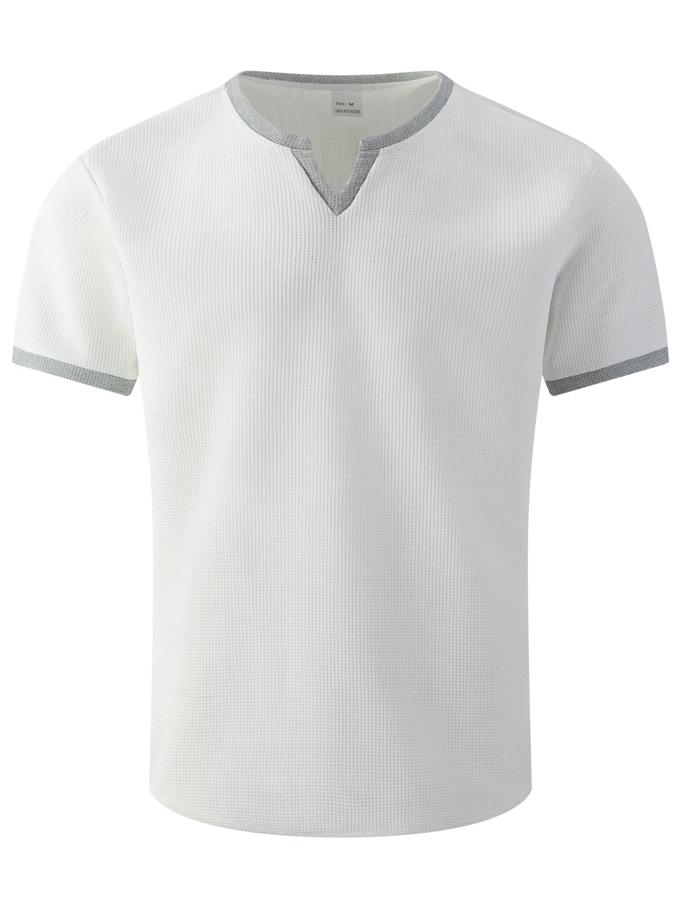 Men's Waffle Knit Short Sleeve T-Shirt, Contrast Trim Notch V Neck Casual Tee, Summer Solid Color V Neck Tops For Men