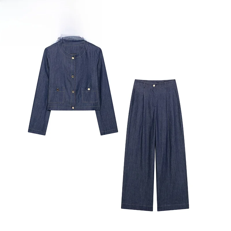 

ZBZA Spring New Women's Faion Design Color Blo Stitching ort Jaet Pants Set Slim Fit Commute Sle Polyester Fiber