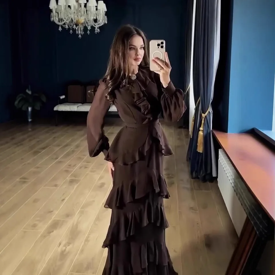 Elegante sólido cintura alta chiffon vestidos de festa mulher em torno do pescoço em camadas babados vestido longo outono manga longa vestido de noite