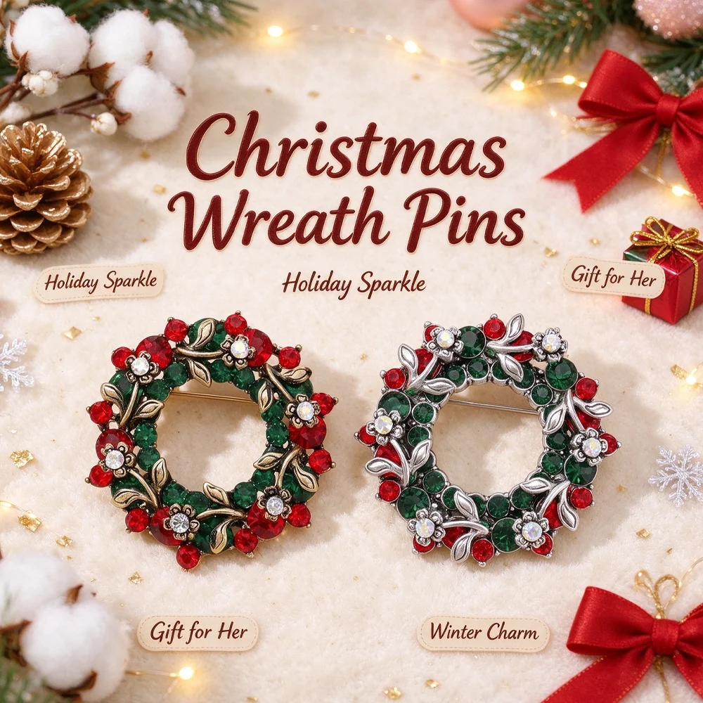 Vintage Christmas Wreath Rhinestone Brooch Red Green Crystal Inlaid Metal Lapel Pin Winter Holiday Clothing Collar Decor Gift