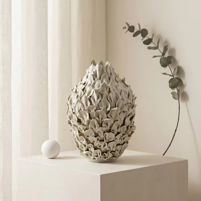 JIATONG Handmade Ceramic Vase Beige 3D Floral for Home Decor OEM Jingdezhen Beige 0953