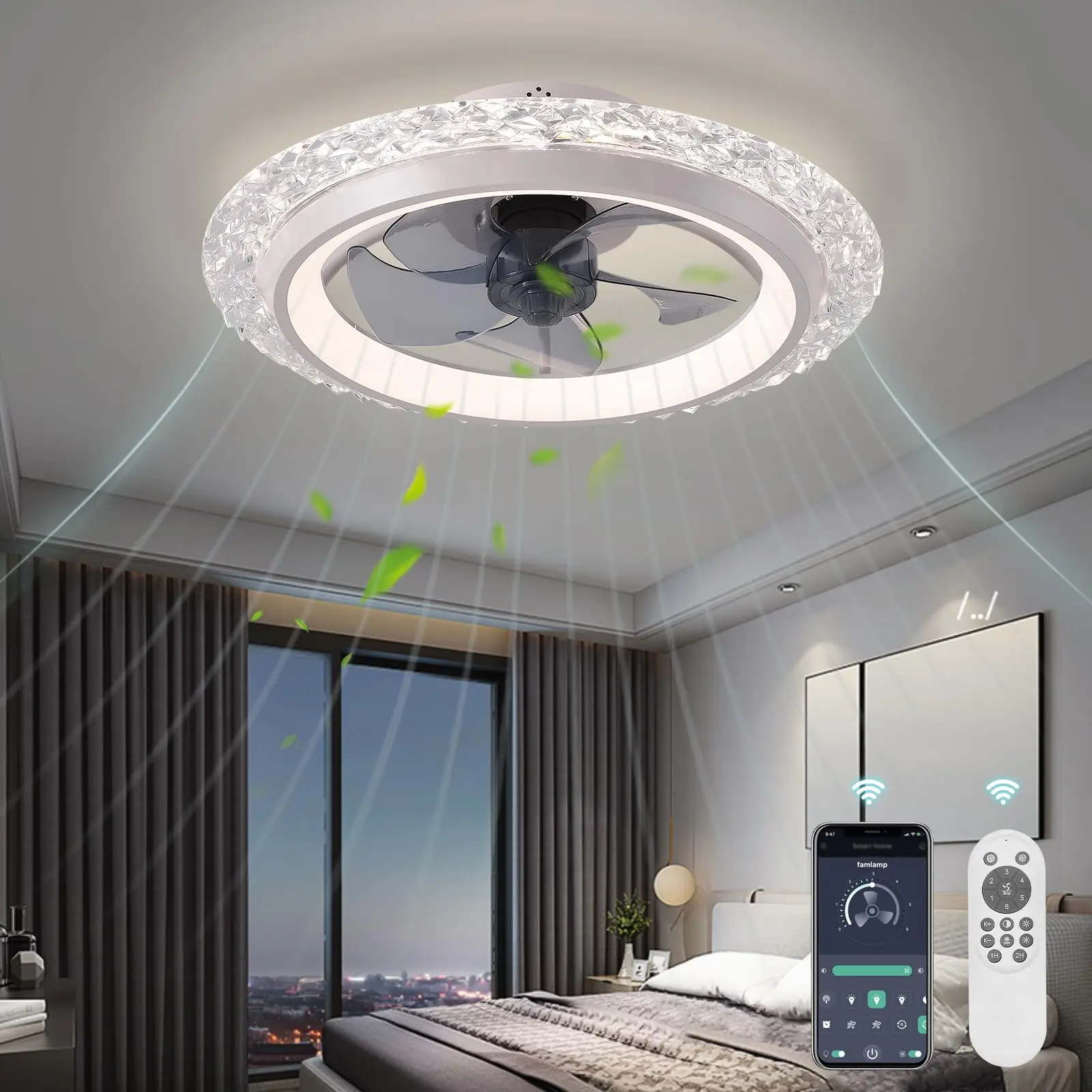 Modern LED Ceiling Fan with Light and Remote Control Crystal Lustre Nordic Style Electric Fan Lamp for Home Rooms Bedroom