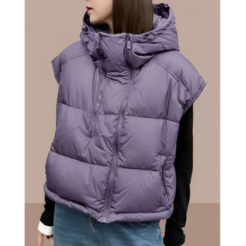 Herbst Winter Kurze Baumwolle Weste Frauen 2025, Neue Mode Lose Beiläufige Verdicken Unten Weste Mit Kapuze Oberbekleidung Weibliche