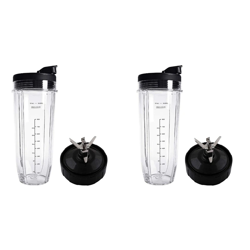 

2X Lid And 32OZ Cup And 7 Fins Blade For Compatible For Ninja Auto IQ 1000W Blender Accessories Replacement Parts Bl482global St