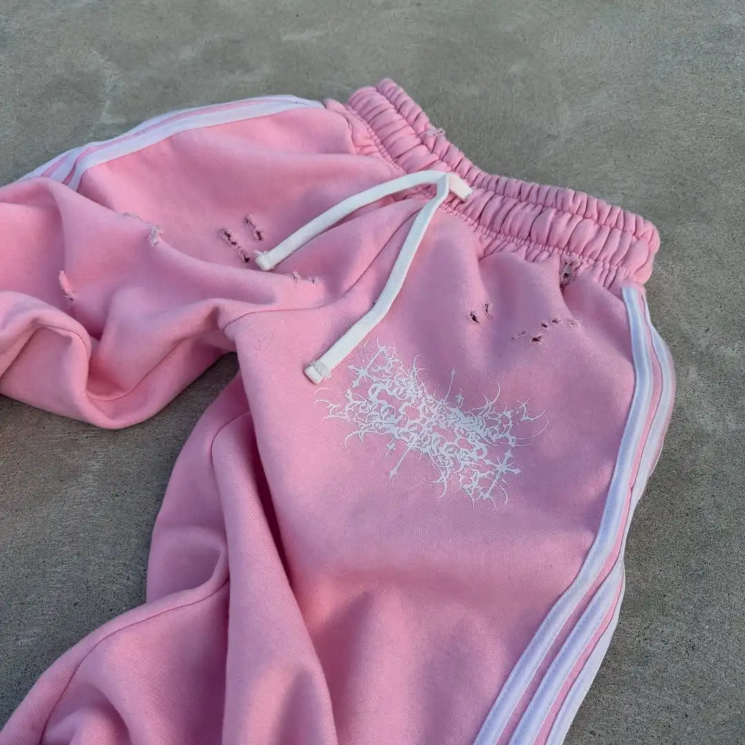 Novo y2k personalizado listra lateral impressão cordão calças retas homem roupas moletom tendência de rua solto casal calças casuais