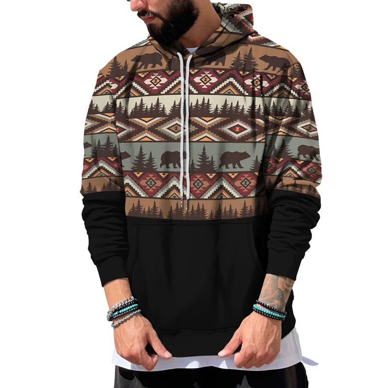 Retro Aztec Geometric Pattern Hoodie For Men 3D Printed Long Sleeves Autumn Casual Hoodies Oversized Sweatshirts Pullover Tops