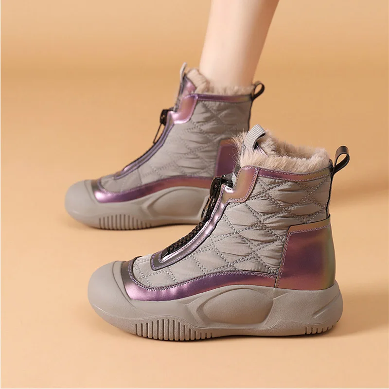 

Genuine Leather & Down Waterproof Snow Boots For Women Winter Height Increasing Short Boots Woman High Top Wedge Ankle Boots